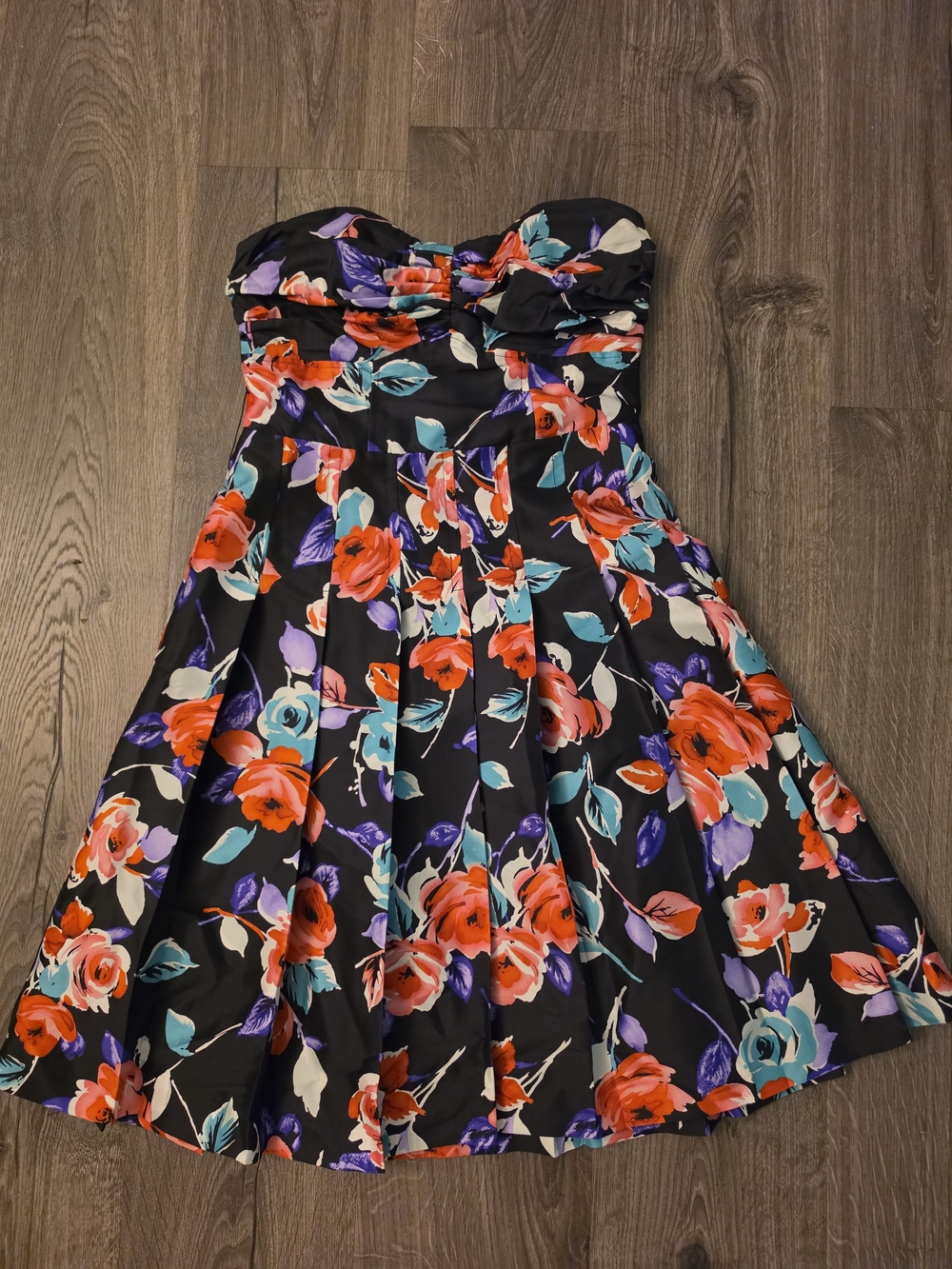 Express Black Strapless Dress with Red & Teal Floral Print